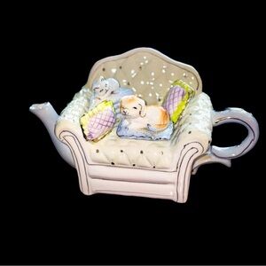 Vintage Sofa Teapot with Sleeping Puppies & Kitten